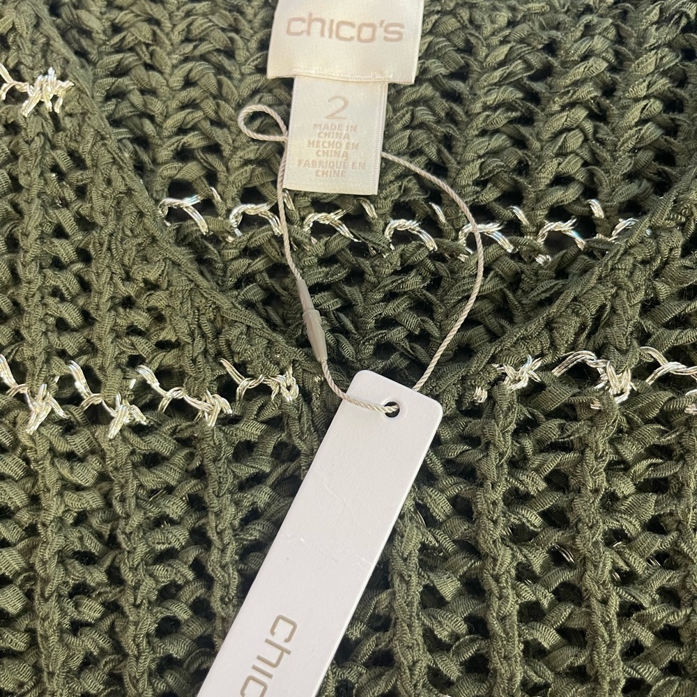 Chicos Olive Green Silver Open Knit Sweater 2 - Picture 7 of 9